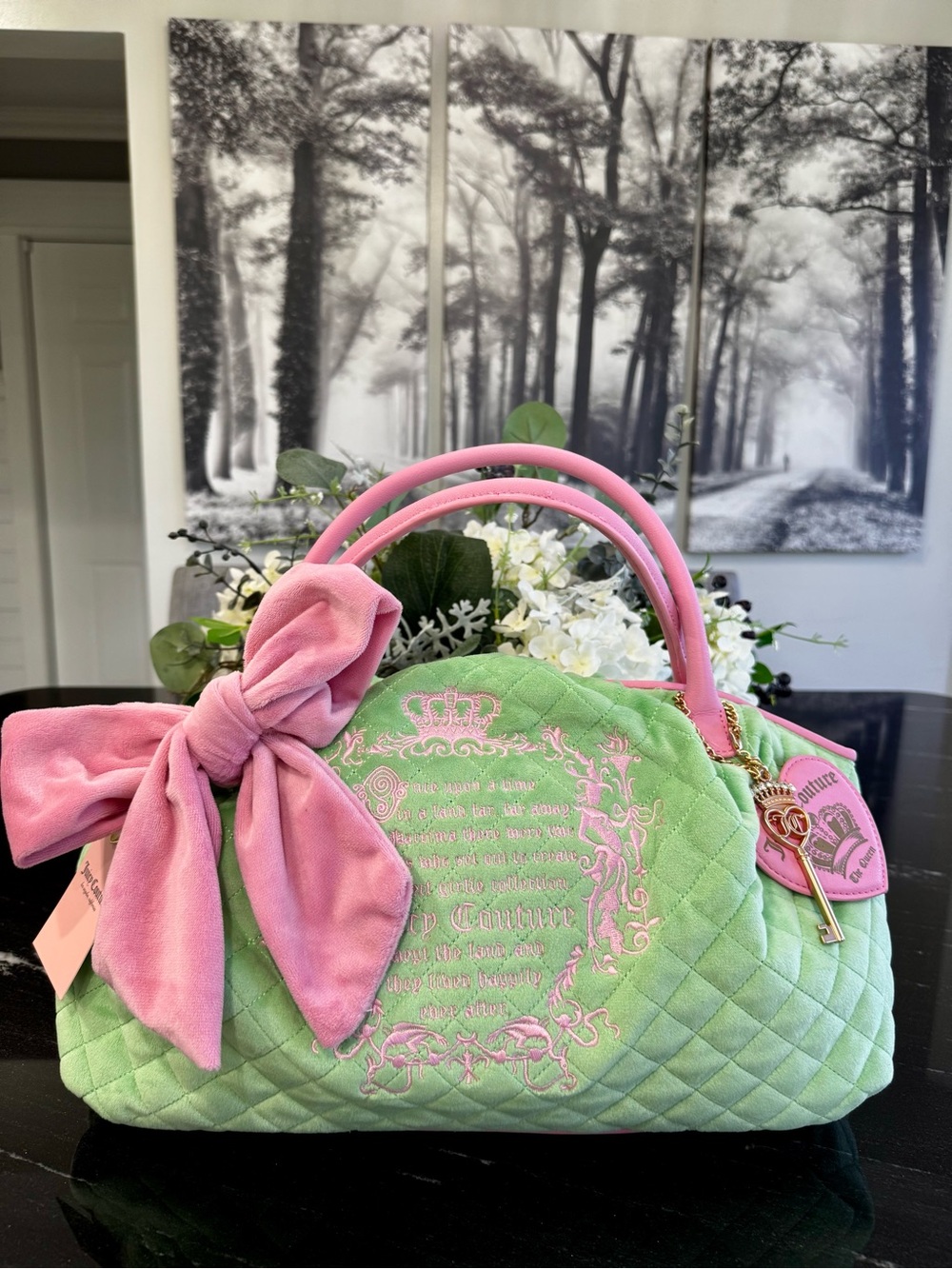NWT Juicy Couture Tale Bowlers Satchel Retro Green Quilted Velour Pink Bow Bag